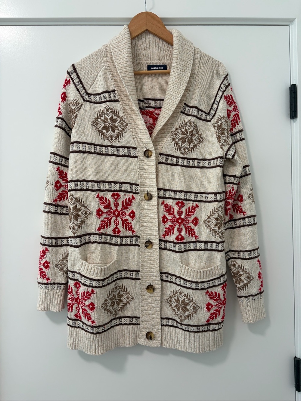 Lands' End Cream Fair Isle Shawl Collar Button Sweater Cardigan L